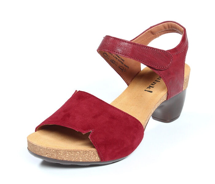 think sandaletten rot traudi rosso/kombi 300-5000 nicht wechselbares kork-leder fussbett (pflanzlich gegerbt) kalbsleder pflanzlich  gegerbt - nicht gefärbt 30 mm absatz und 15 mm eingearbeitetes plateau ideale sommer-sandalette mit breiter bandage für den ballenbereich und sicherem halt durch den langen klettverschluss am knöchelriemen.