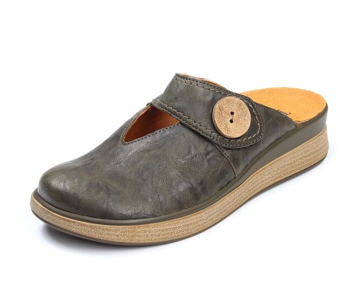 think clogs olive meggie olive 35-7000 durch klett fixiertes, wechselbares geschäumtes pu-leder fußbett leder pflanzlich  gegerbt 10 mm keilabsatz in der sohle wie gewünscht: leichte clogs mit frist-riemchen, bestens einzustellen, aus pflegeleichtem glatt-leder