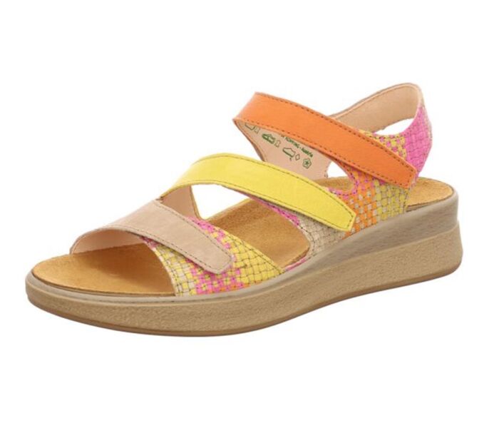think sandaletten bunt meggie fuxia/kombi 585-9050 - meg 37 durch klett fixiertes, wechselbares geschäumtes pu-leder fußbett leder pflanzlich  gegerbt 10 mm keilabsatz in der sohle leicht und zierliche sandalette mit bester ballenabdeckung. 3 klettverschlüsse geben halt und perfekten sitz.