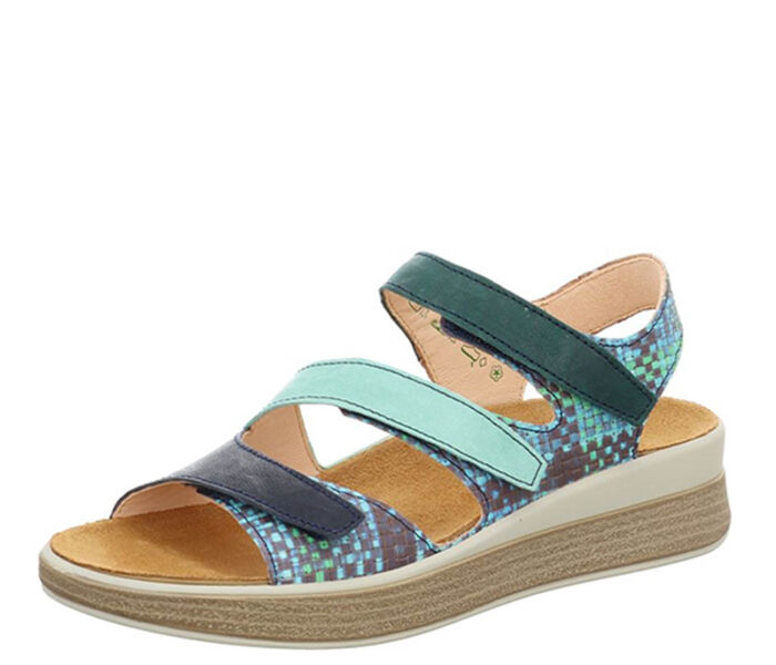 think sandaletten blau meggie aqua/kombi 585-9040 - meg 58 durch klett fixiertes, wechselbares geschäumtes pu-leder fußbett leder pflanzlich  gegerbt 10 mm keilabsatz in der sohle leicht und zierliche sandalette mit bester ballenabdeckung. 3 klettverschlüsse geben halt und perfekten sitz.