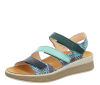 think sandaletten blau meggie aqua/kombi 585-9040 - meg 58 durch klett fixiertes, wechselbares geschäumtes pu-leder fußbett leder pflanzlich  gegerbt 10 mm keilabsatz in der sohle leicht und zierliche sandalette mit bester ballenabdeckung. 3 klettverschlüsse geben halt und perfekten sitz.